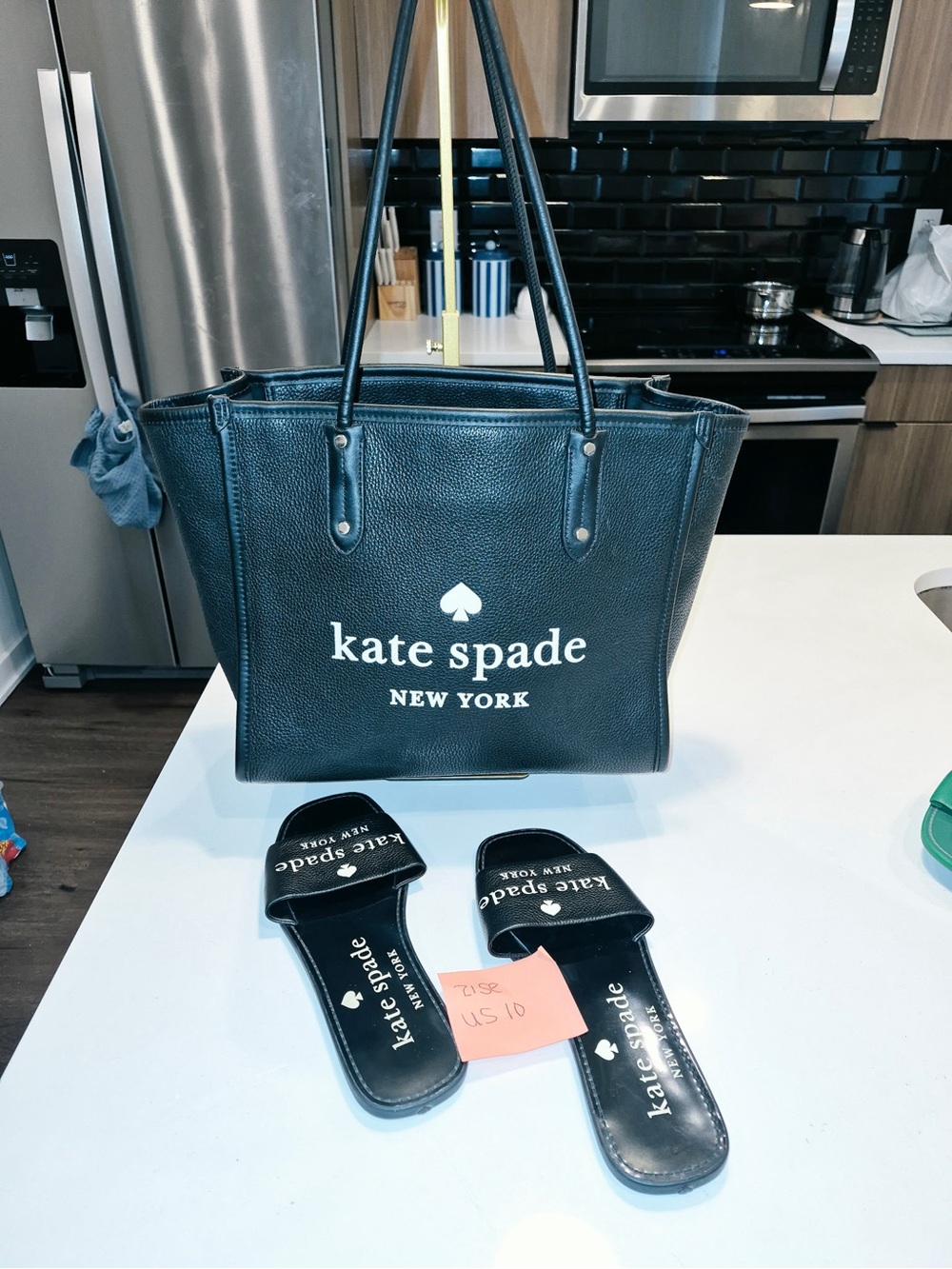 kate spade Black Leather Logo Tote with Matching Sandals